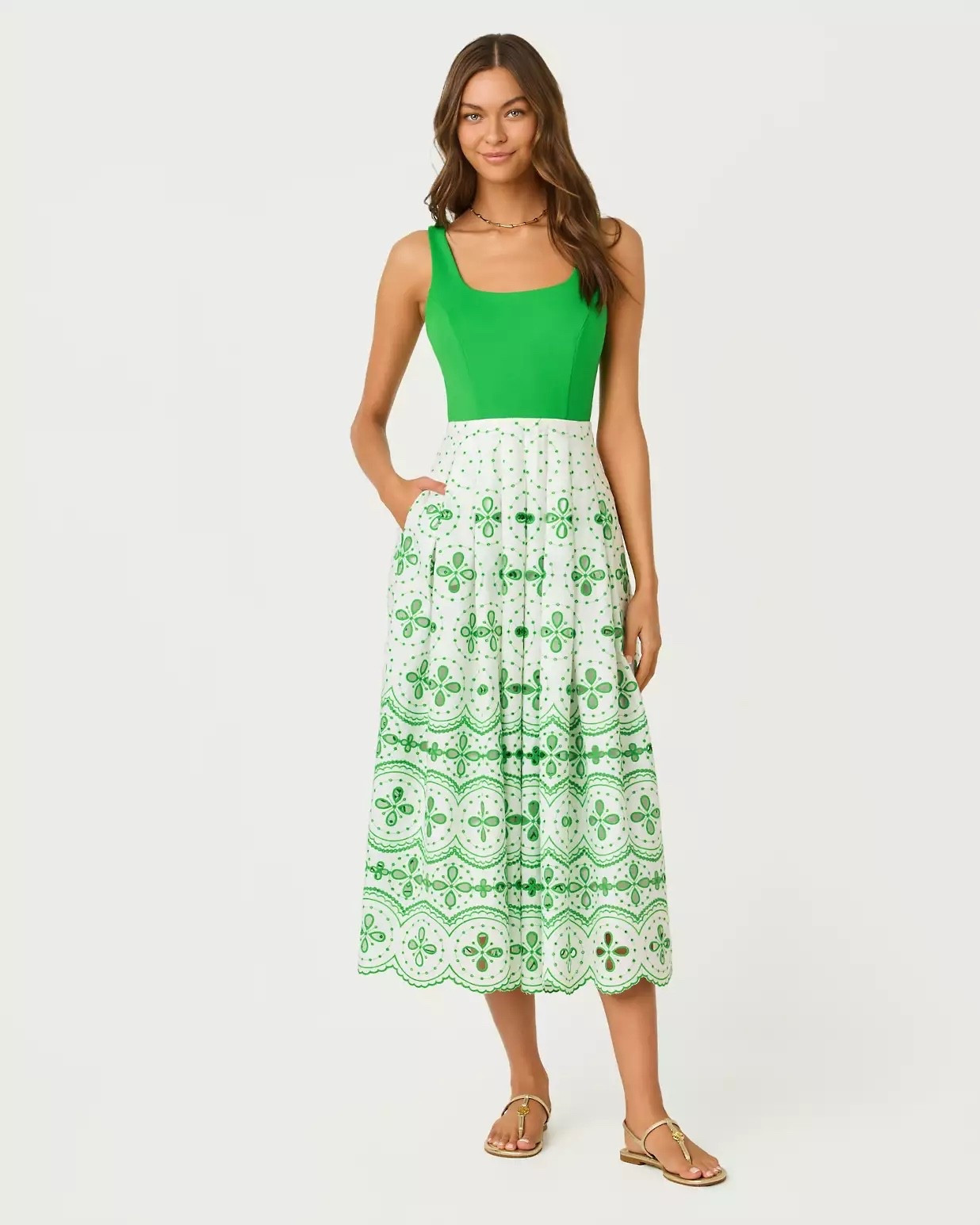 I live that this is a dress, even though it looks like a top + skirt, because you don’t have to spend any time or energy pairing the skirt each time you wear it! Plus I love the eyelet look.