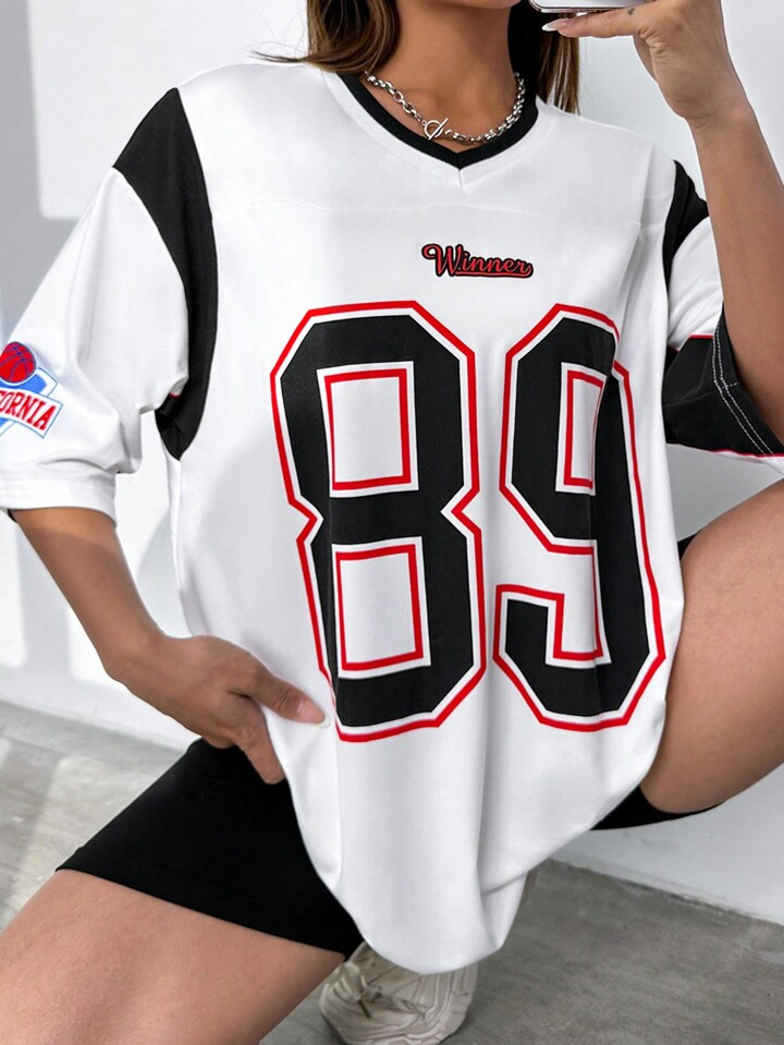 SHEIN Coolane Women's V-Neck Casual Loose-Fit T-Shirt With Colorblock & Digital Printed Design | SHEIN