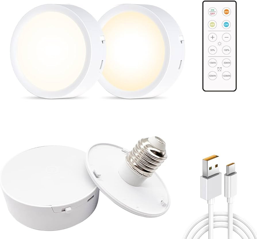 2 Pack Battery Operated Light Bulbs,USB Rechargeable Battery Powered LED Puck Light with Remote C... | Amazon (US)