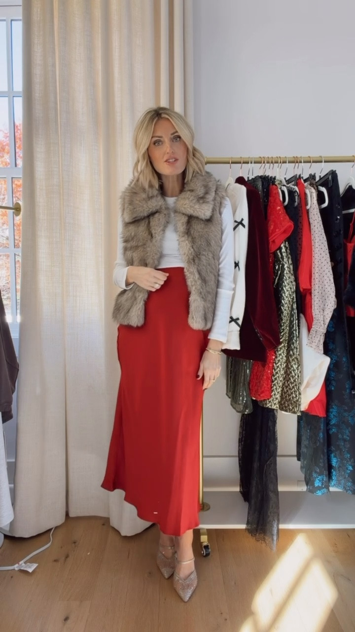 A holiday look that is simple yet elevated! Love the slip skirt paired with an embellished long sleeve and a fur vest for an easy & fun holiday outfit. I sized up to a M in the skirt and wearing an XS in the vest!

Loverly Grey, Holiday Outfit

#LTKHoliday #LTKFindsUnder50 #LTKSaleAlert