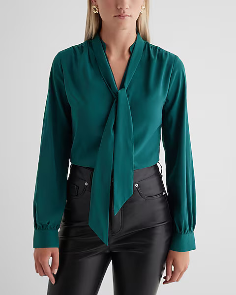 Satin Long Sleeve Tie Neck Relaxed Portofino Shirt | Express
