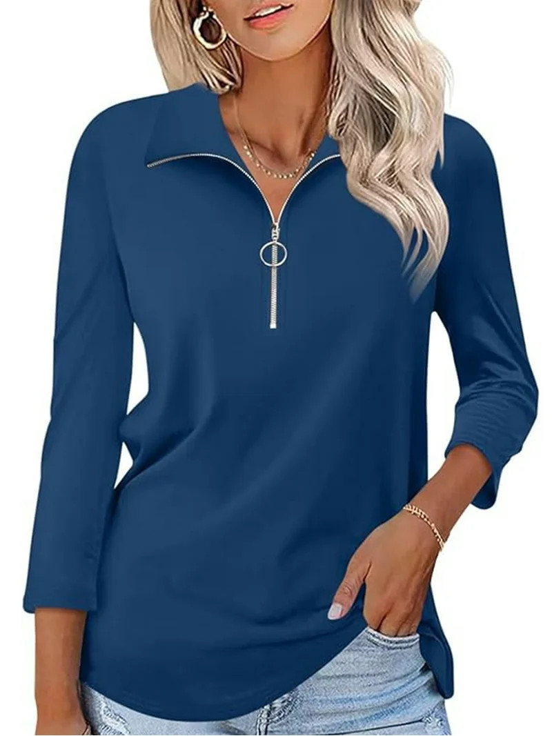 VDJ Women Fall Tops 3/4 Sleeve Fashion Half Zipper Collared Polo Shirts Lightweight Soft Navy Blu... | Walmart (US)