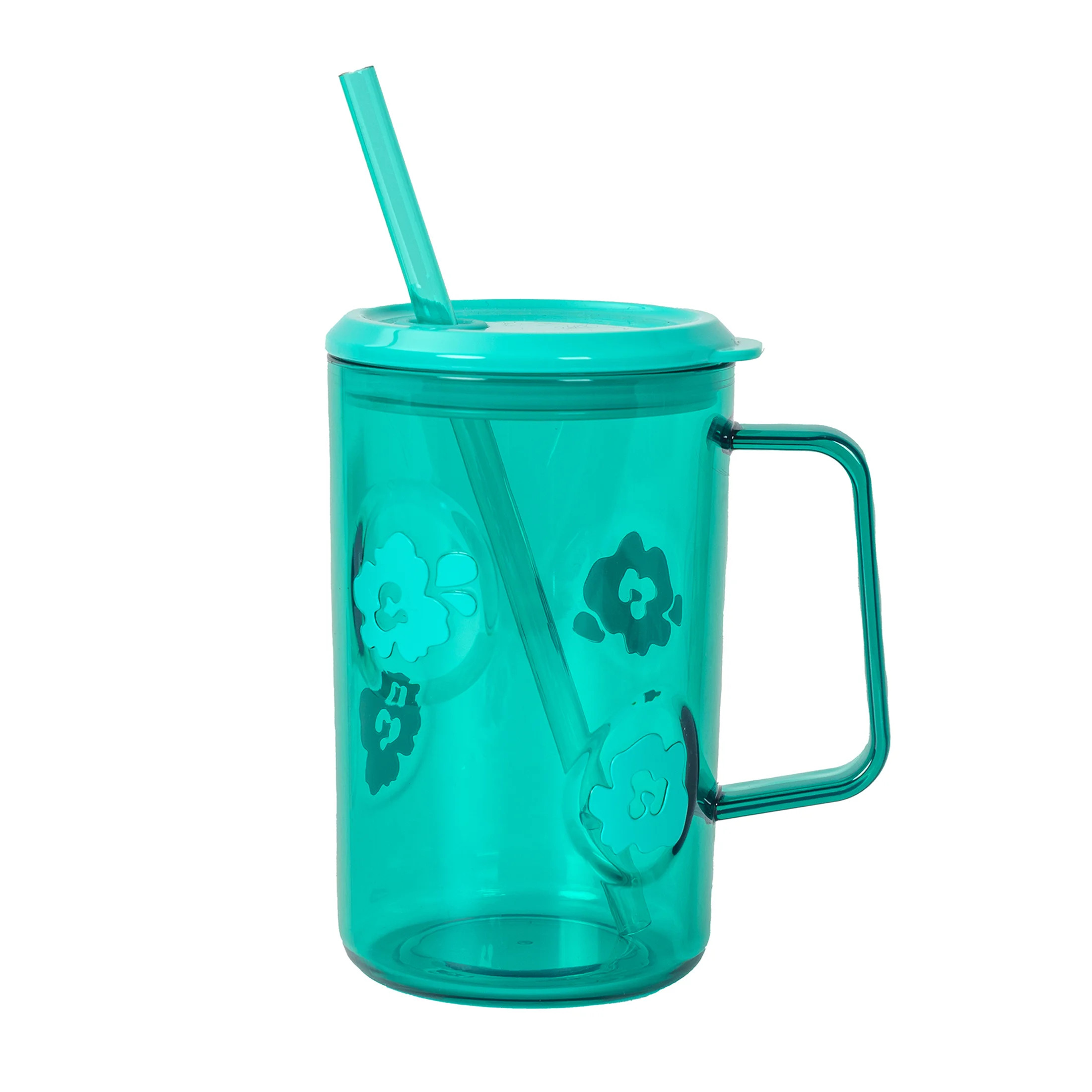 Mainstays 20oz Plastic Jelly Mug with Lid, Straw & Handle, Green, Floral | Walmart (US)