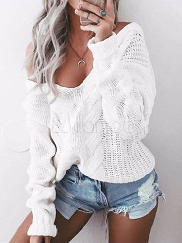White Pullover Sweater Plunging Neck Long Sleeve Women's Sweater | Milanoo