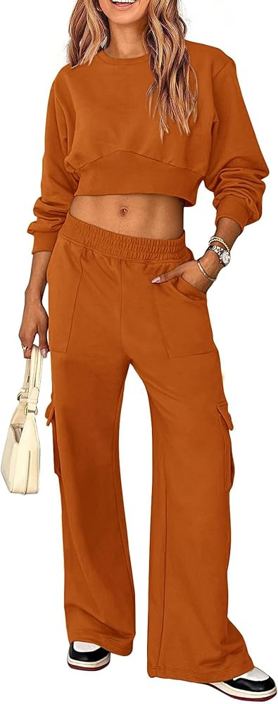 PRETTYGARDEN Womens Fall 2 Piece Outfits Sweatsuits Sets Long Sleeve Crop Tops Sweatshirt Wide Le... | Amazon (US)