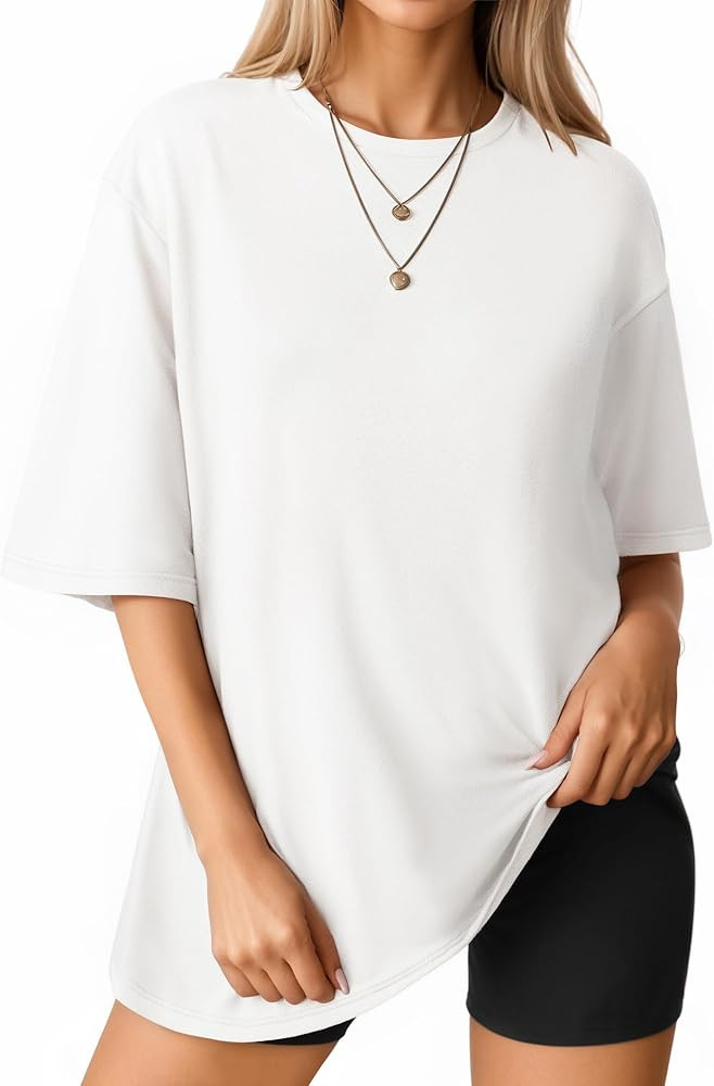 MANGOPOP Women's Oversized T Shirts Short Sleeve Crewneck Loose Fit Tops Summer Basic Tee | Amazon (US)