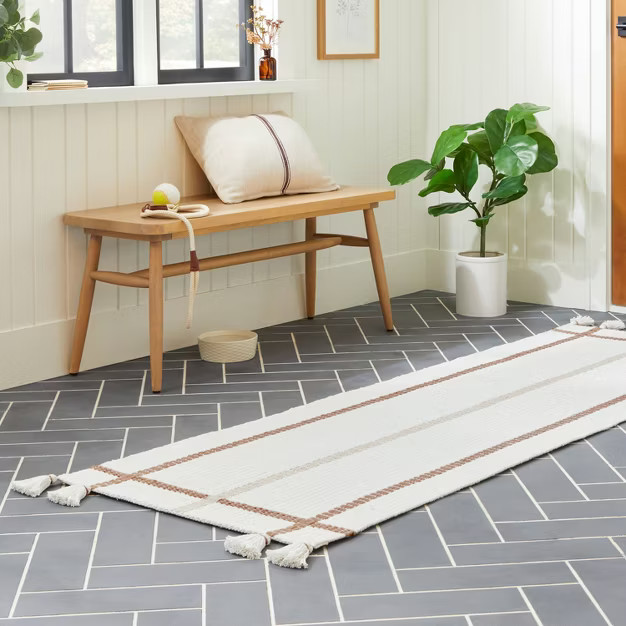 Bold Cross Stripes Tassel Rug Cream/Tan - Hearth & Hand™ with Magnolia | Target