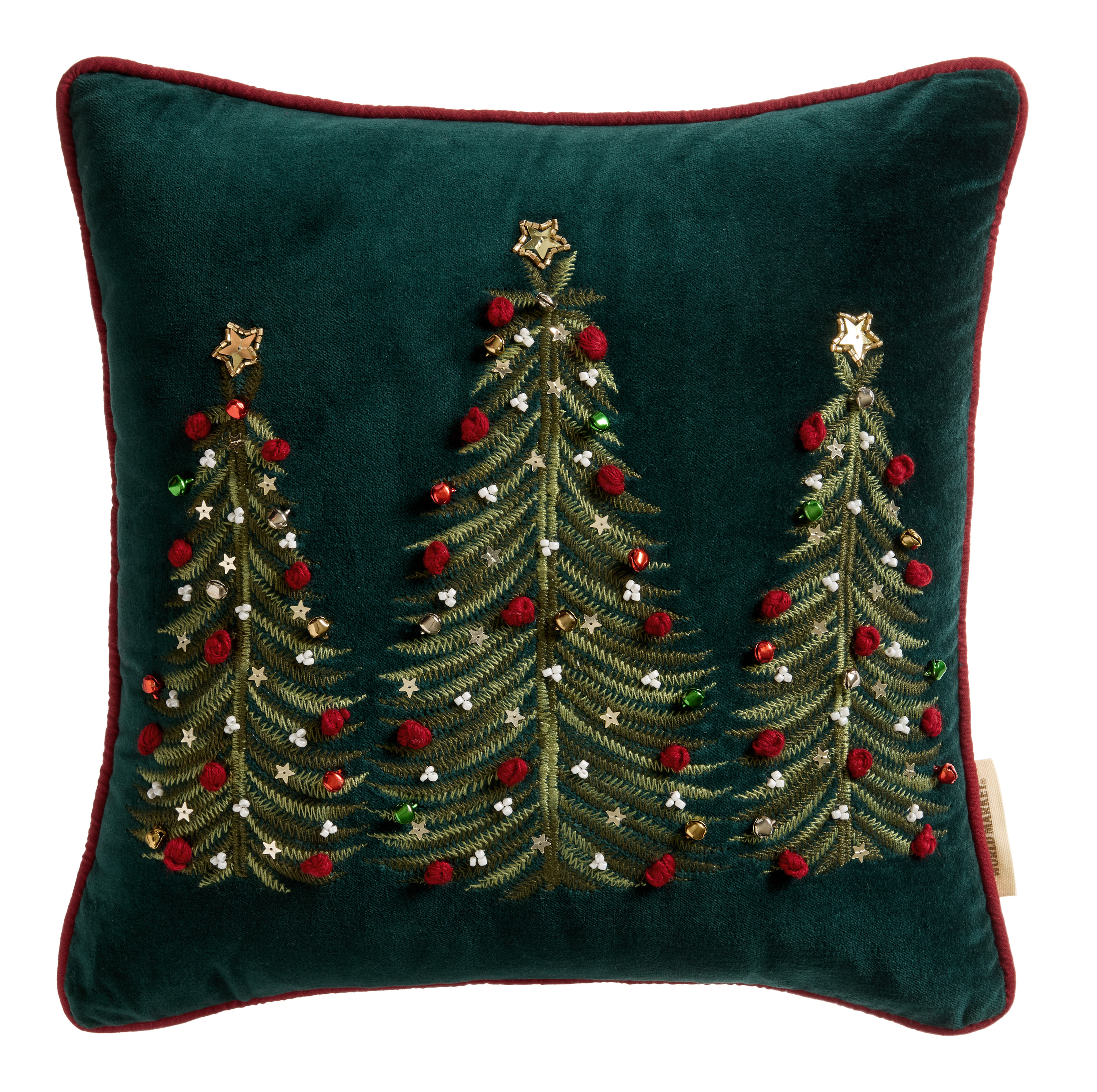 Pine Green Velvet Tree Embroidered Beaded Throw Pillow | World Market