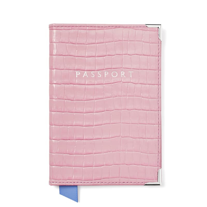 Aspinal of London Passport Cover in Deep Shine Powder Lilac Small Croc | Aspinal of London US