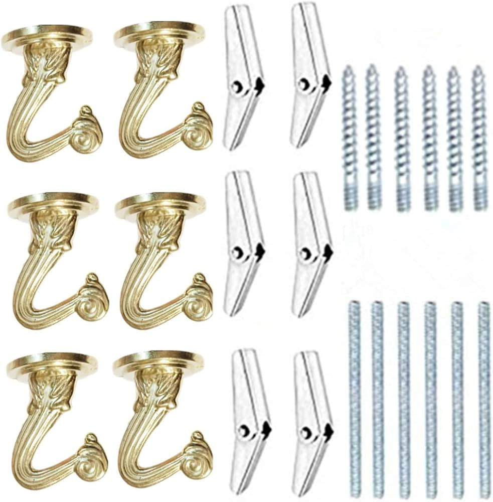 6 Sets White Ceiling Hooks for Hanging Plant, Heavy Duty Swag Toggle Hooks with Hardware (Gold) | Amazon (US)