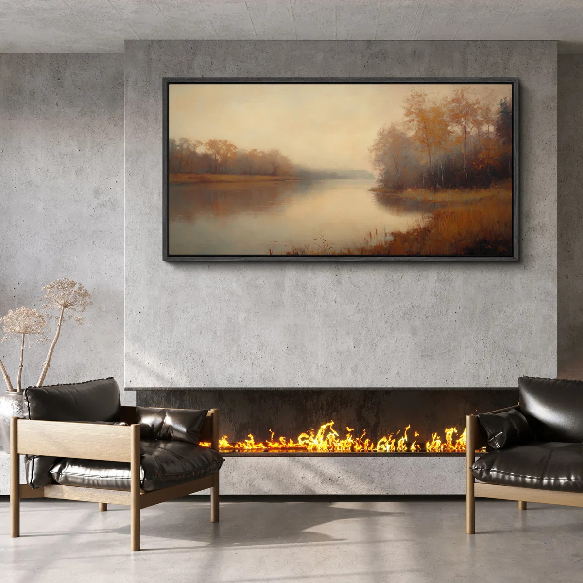 Golden Autumn River Landscape Framed Canvas Wall Art - Tranquil Fall Forest Scene for Living Room... | Wayfair North America