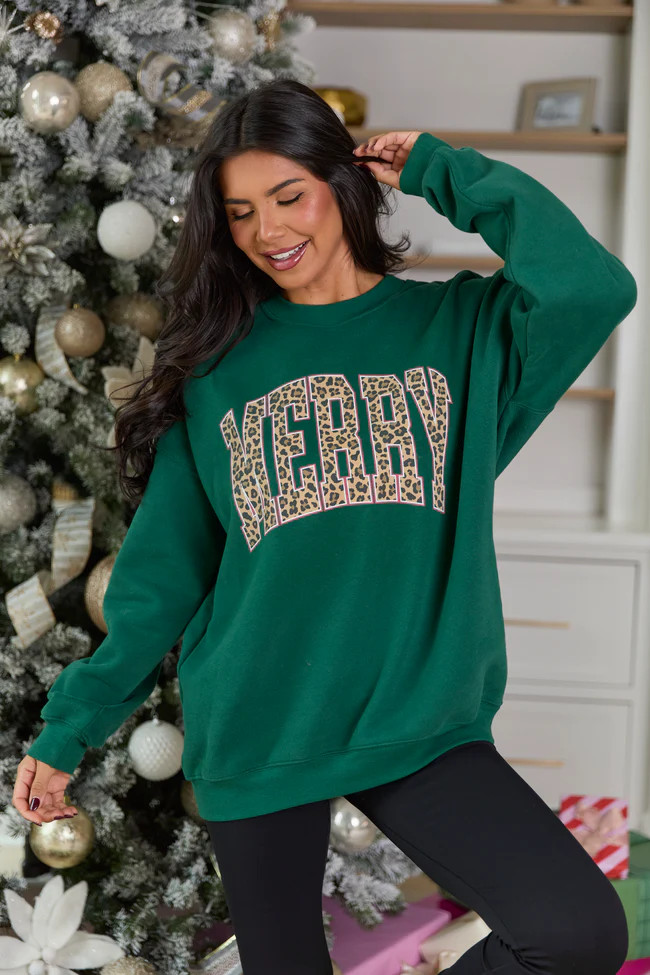 Merry Block Leopard Evergreen Graphic Sweatshirt | Pink Lily