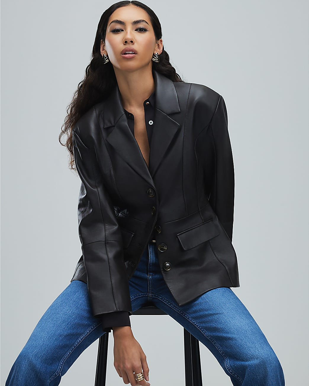 Brown Leather Fitted Waist Blazer | River Island UK & IE