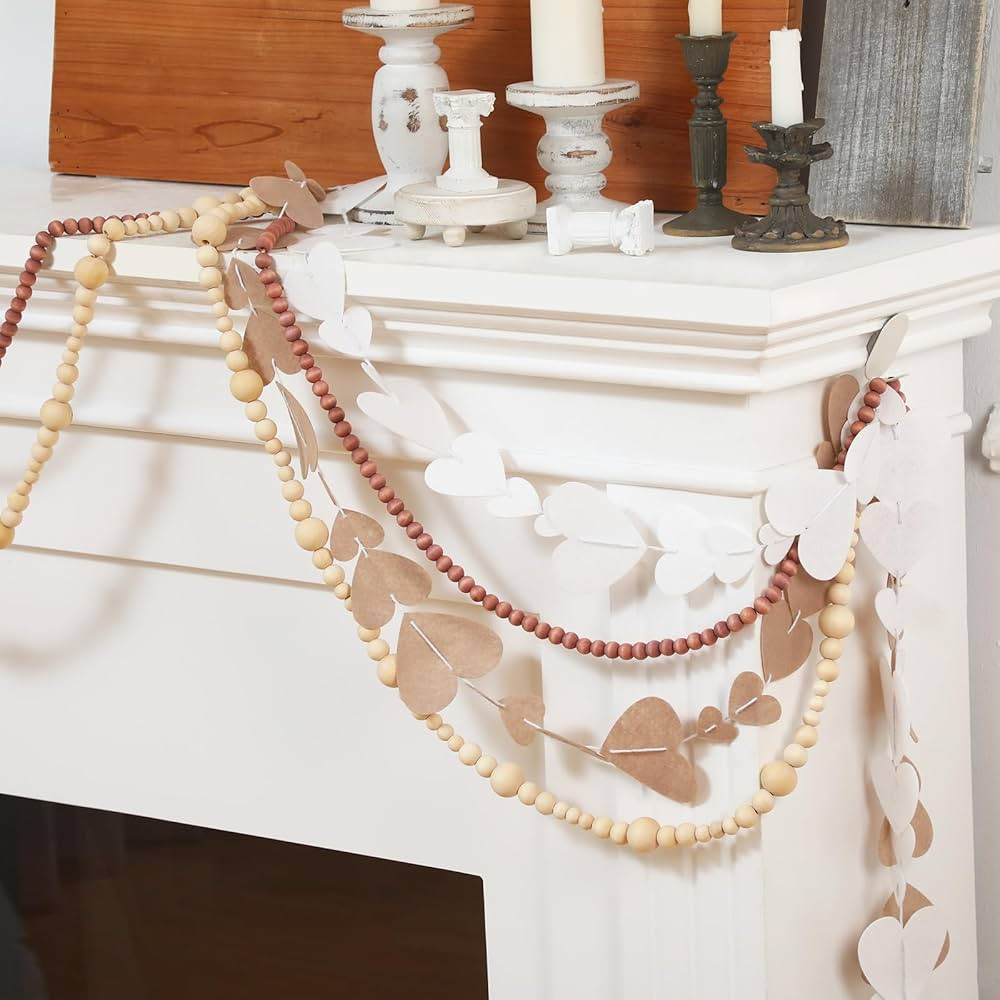 4 Pcs Valentine's Day Wood Bead Garland Felt Heart Garland Farmhouse Wooden Beads Rustic Wood Bea... | Amazon (US)