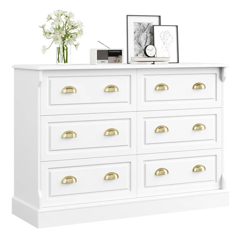 Homfa 6 Drawer Double Dresser for Bedroom, Gold Handle Drawer Chest Wood Storage Cabinet for Livi... | Walmart (US)