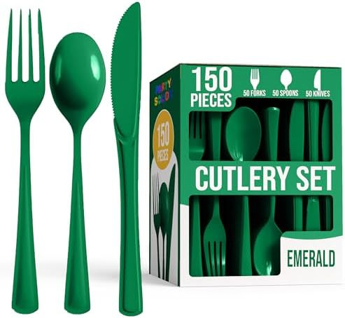Party Solids Emerald Green Plastic Silverware Heavy Duty 150 Pieces Green Disposable Silverware H... | Amazon (US)