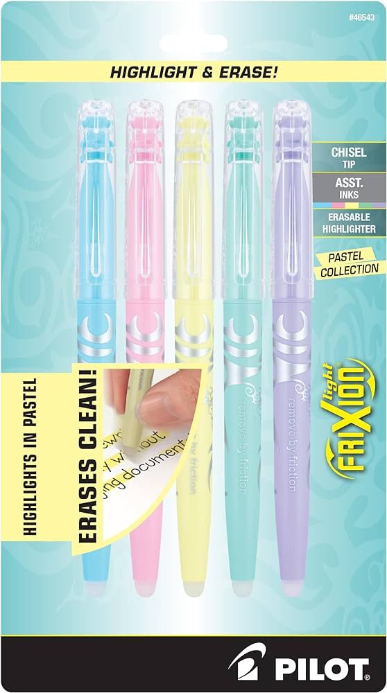 Pilot, FriXion Light Pastel Erasable Highlighters, Chisel Tip, Pack of 5, Pastel Blue, Pink, Yell... | Amazon (US)
