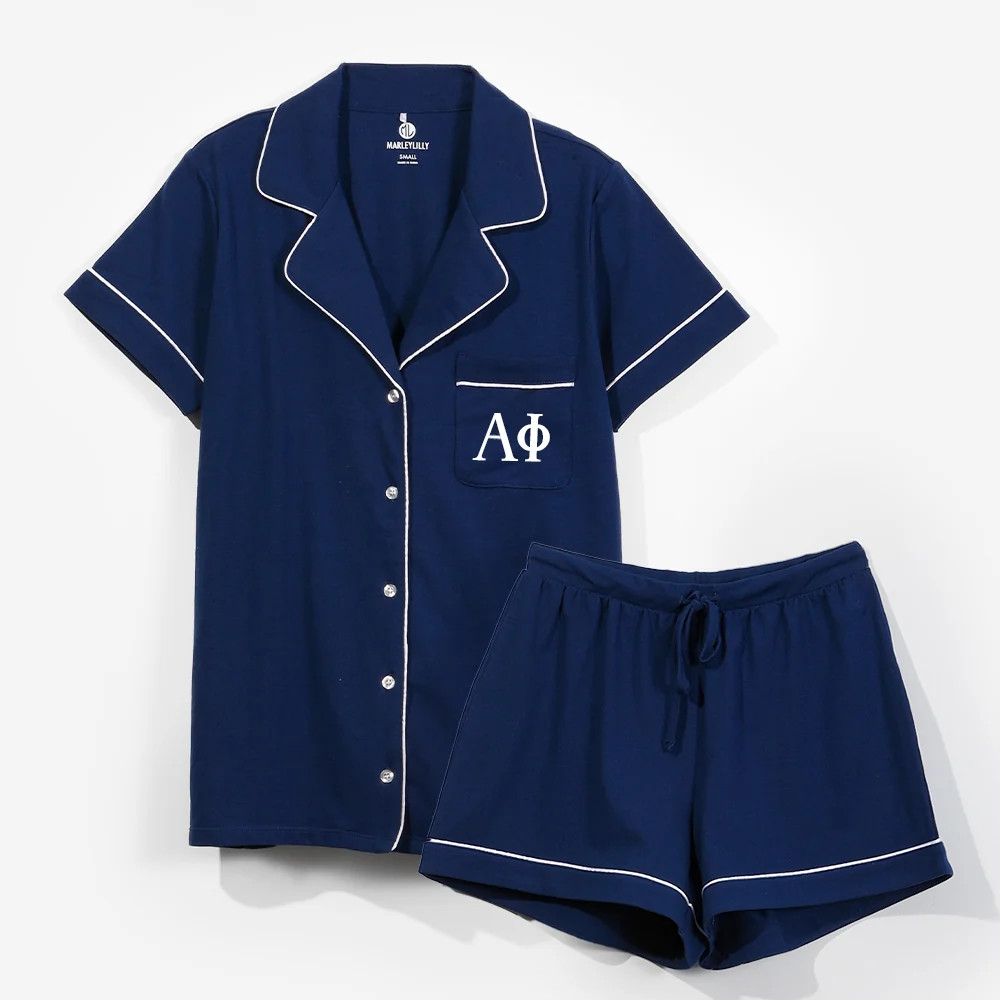 Sleep Set in Navy | Embroidered Alpha Phi Sorority Pajamas | Marleylilly