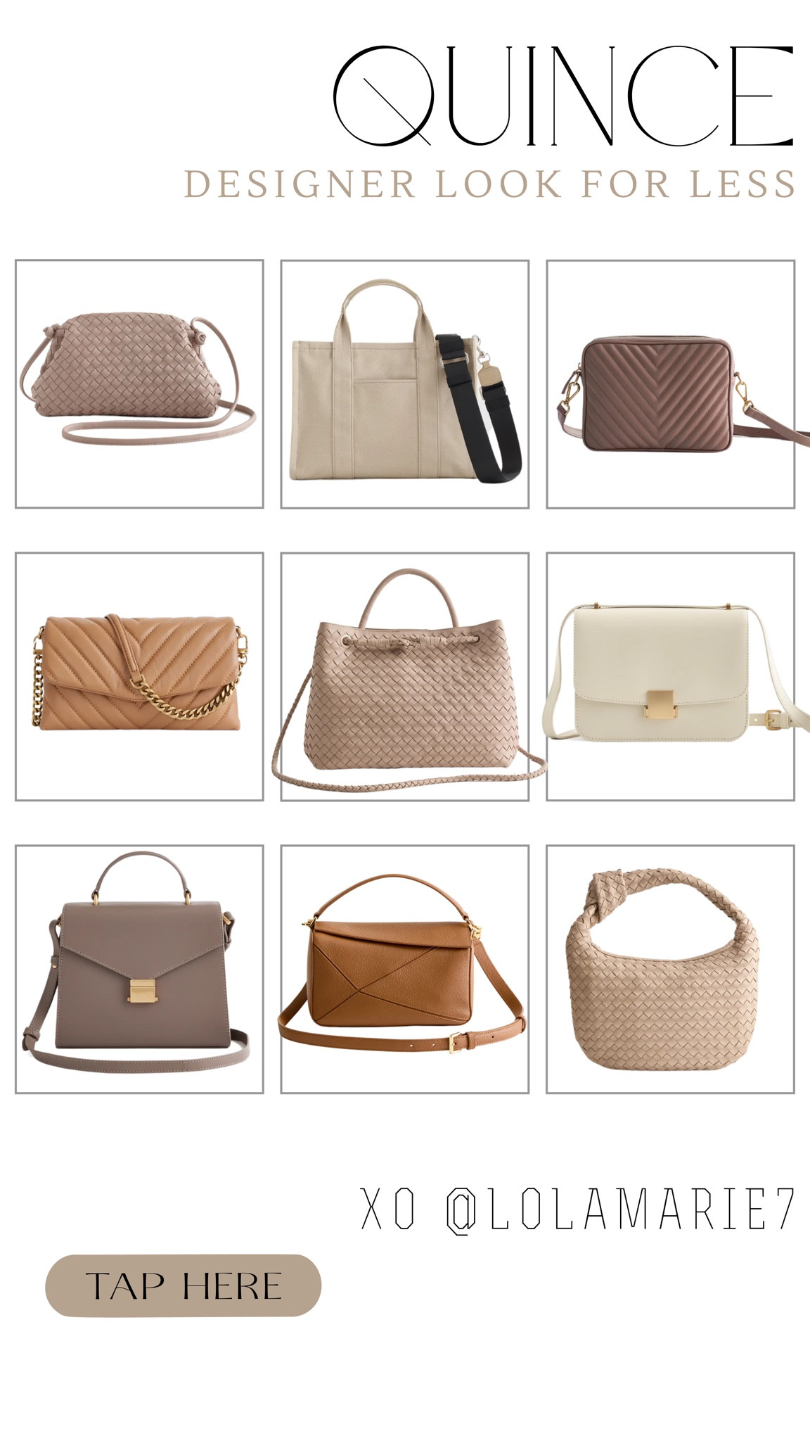 Quince Handbags are the perfect look for less! 

#lookforless #handbags #affordablefashion

#LTKFindsUnder100 #LTKItBag #LTKStyleTip