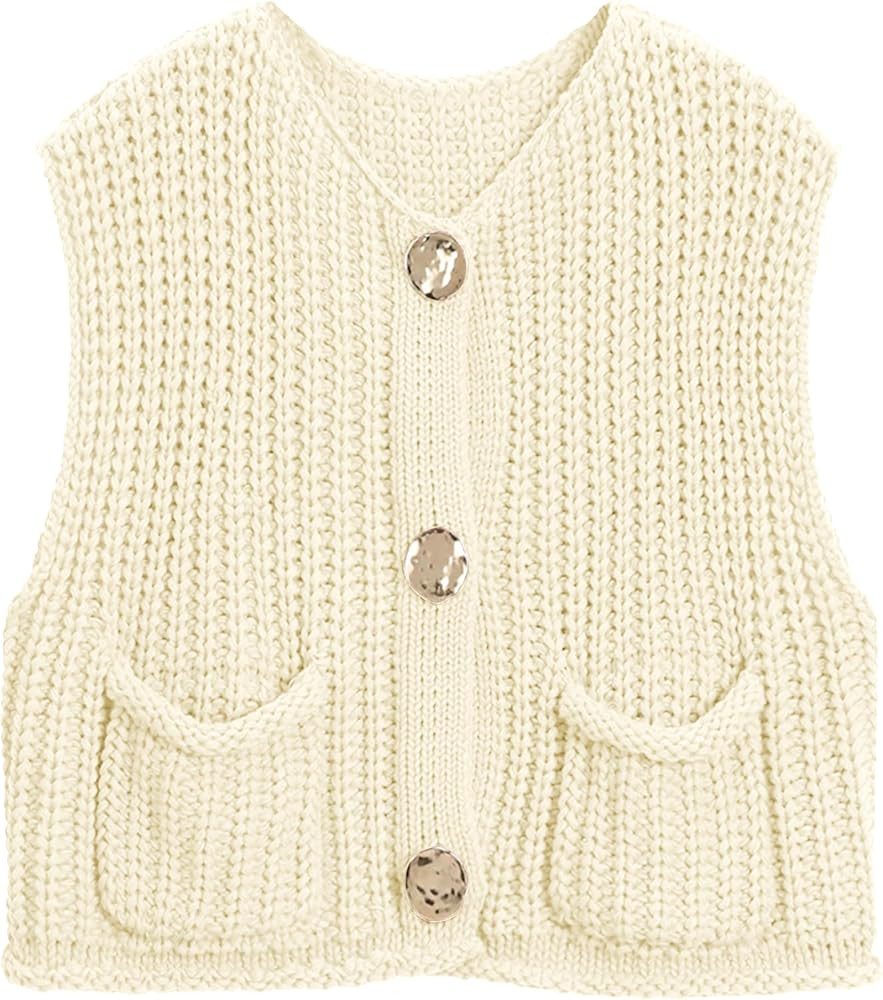 Hixiaohe Womens Crochet Chunky Knit Top Sleeveless Button Down Crop Tops Trendy Cardigan Sweater ... | Amazon (US)