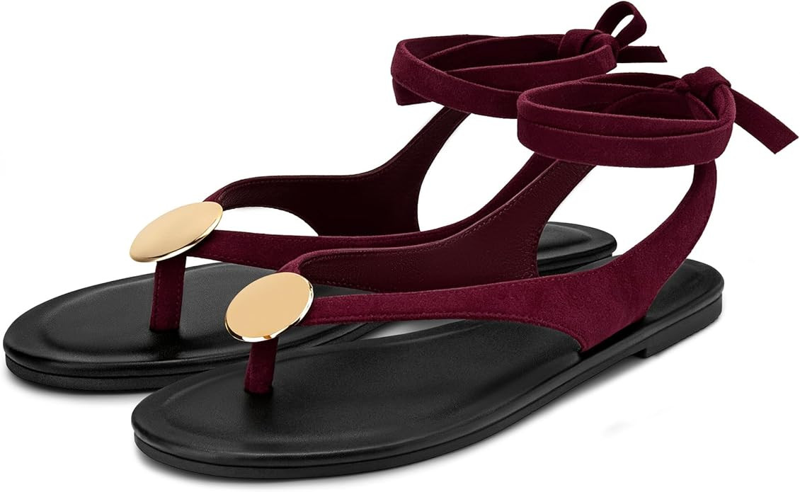 Carcuume Women's Suede Flat Sandals with Metallic Accents Adjustable Strappy Flip Flops for Beach... | Amazon (US)