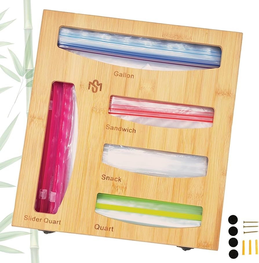 Bamboo Bag Storage Box, Baggie Organizer for Drawer or Wall Mount, Compatible with Gallon, Quart,... | Amazon (US)