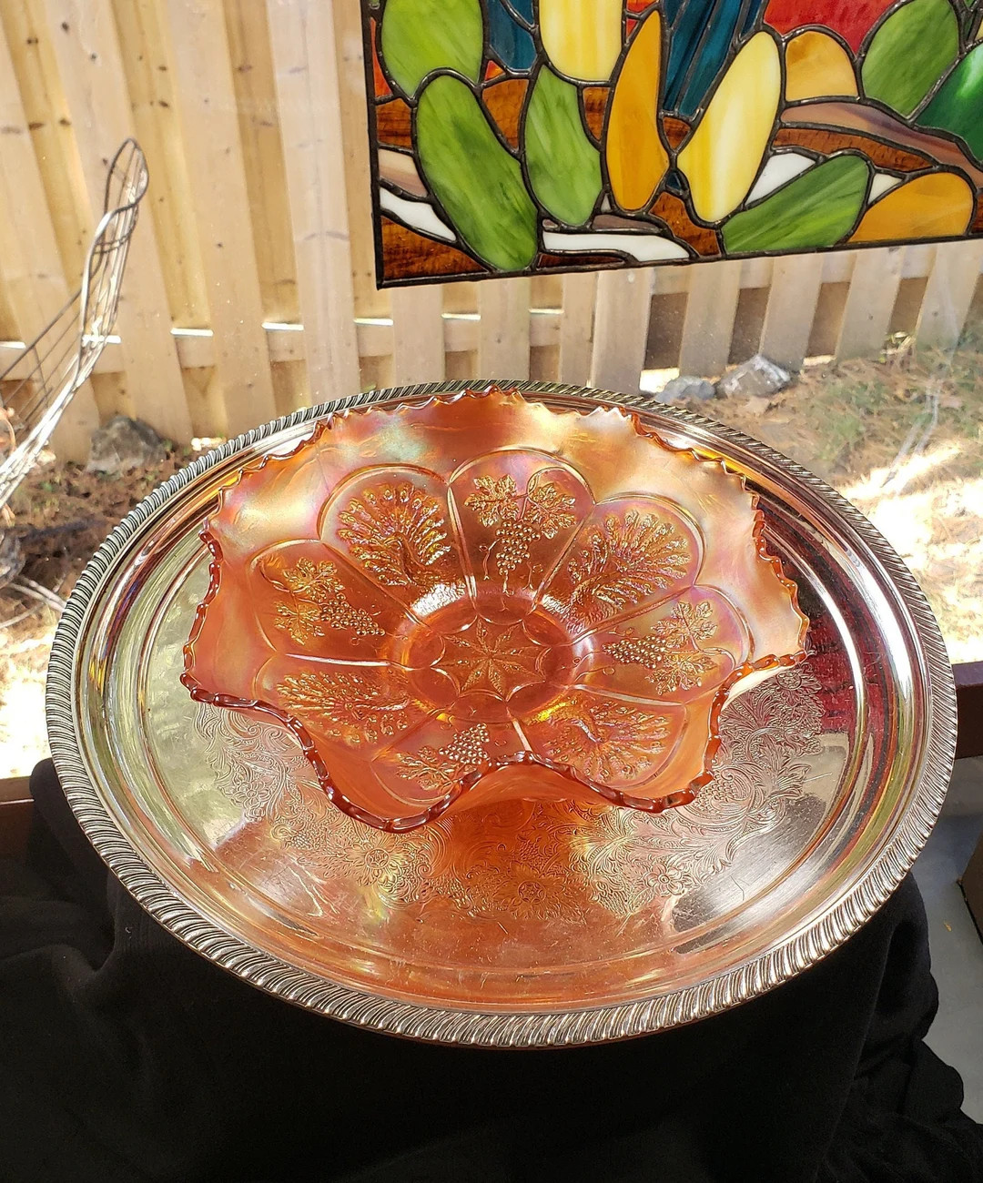 Vintage Fenton Peacock and Grape Pattern Orange Carnival Glass Ruffle Bowl Farmhouse Decor, Retro... | Etsy (US)