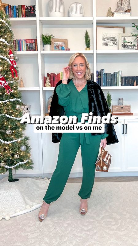 Amazon finds:
1. Striped turtleneck sweater - size medium. Very cozy and great material. * use code 30NF3VI1 for 30% off +10% off coupon.
2. Green jumpsuit - size medium. Has a snap closure in the front and a button enclosure in the back. Also has pockets, and elastic waistband, and a removable tie belt. Material has a slight stretch to it.
• jeans - size 27 short, curve love.
• two toned shoes - tts.
• spanx faux leather leggings - size medium petite (code LESLIEXSPANX).
• boots and scarf - unfortunately sold out but linking similar.
• rhinestone heels - tts. 
• black fur jacket - size medium. 

#LTKstyletip #LTKSeasonal #LTKVideo