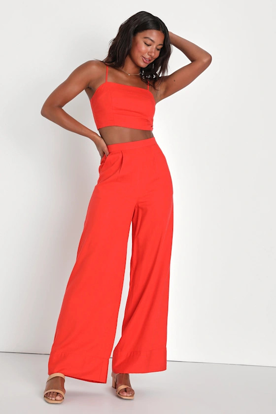 Chic Suggestion Coral Red Linen Tie-Back Two-Piece Jumpsuit | Lulus (US)
