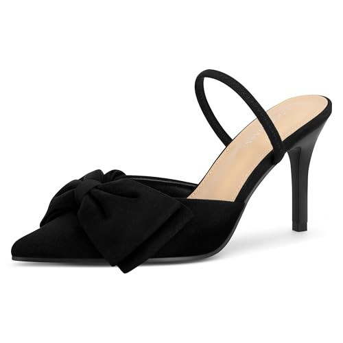 LOOPCHARM Women's Closed Pointed Toe Slingback Pumps with Big Bow Elastic Strap 3.5 Inch Stiletto Heels Dress Shoes,Black SU,9 | Amazon (US)