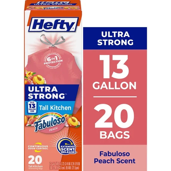 Hefty Ultra Strong 13 Gallon Trash Bags, Tall Kitchen Trash Bags, Peach, Fabuloso Peach Scent, 20... | Walmart (US)