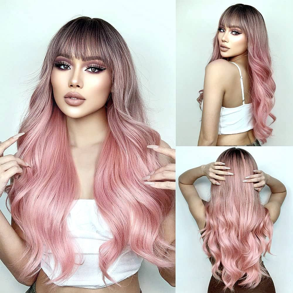 ISHINE Pink Wigs for Women, Long Wavy Curly Wigs, No Lace Colored Wigs with Bangs, Ombre Black to... | Amazon (US)
