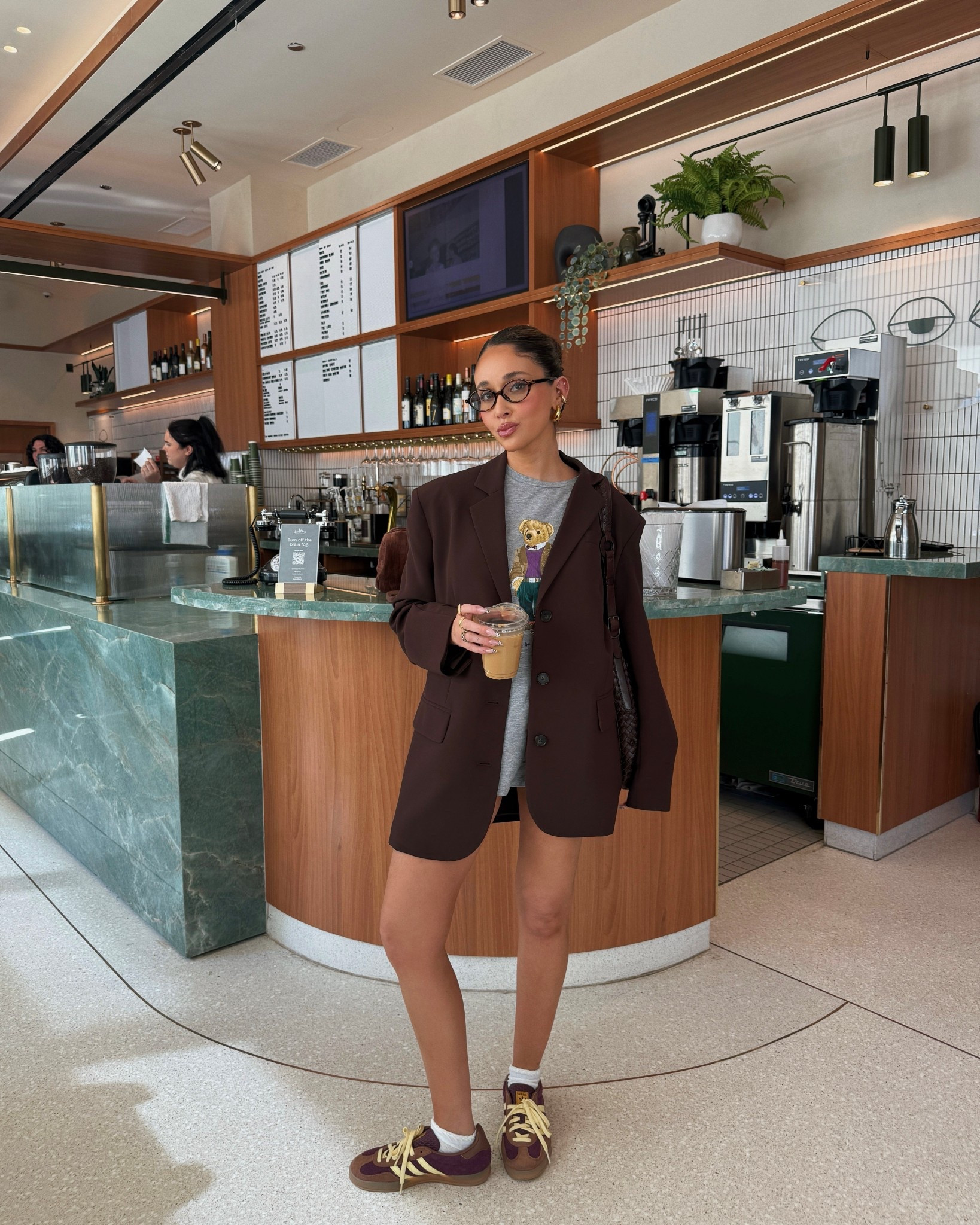 coffee shop casual spring outfit 🤎 oversized brown blazer, brown and yellow adidas, polo tshirt 

#LTKStyleTip #LTKSpringSale #LTKSaleAlert