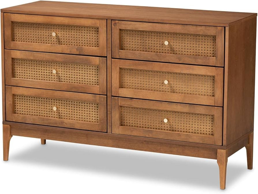 Amazon.com - Baxton Studio Ramiel Ash Walnut Finished Wood and Rattan 6-Drawer Dresser | Amazon (US)