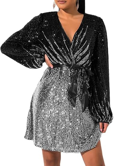 828 - Plus Size Long Sleeves Wrapped V Neck Sequins Skater Style Cocktail Evening Club Dress | Amazon (US)