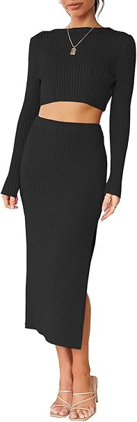 ANRABESS Women's 2 Piece Outfits Dress Long Sleeve Crop Sweater Top & Ribbed Midi Bodycon Skirt S... | Amazon (US)