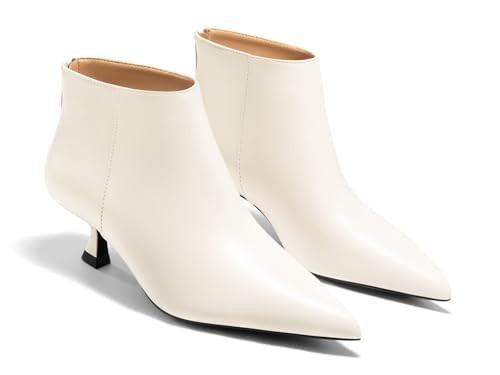 Coutgo Womens Kitten Low Heel Booties Pointed Toe Short Ankle Boots Back Zipper Fall Shoes, Cream White, Size 10 | Amazon (US)