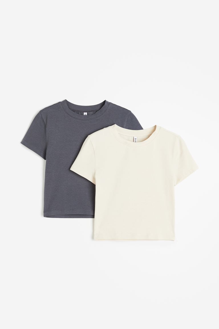 2-pack cropped T-shirts - Light beige/Dark grey - Ladies | H&M GB | H&M (UK, MY, IN, SG, PH, TW, HK)