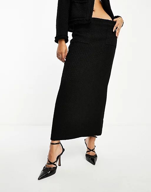 NA-KD x Hanna Schonberg co-ord pocket detail tweed maxi skirt in black | ASOS (Global)