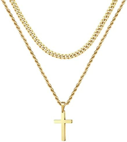 Ursteel Layered Cross Necklaces for Men - 18K Gold Plated Cross Necklaces Chain for Men Boys Gift... | Amazon (US)