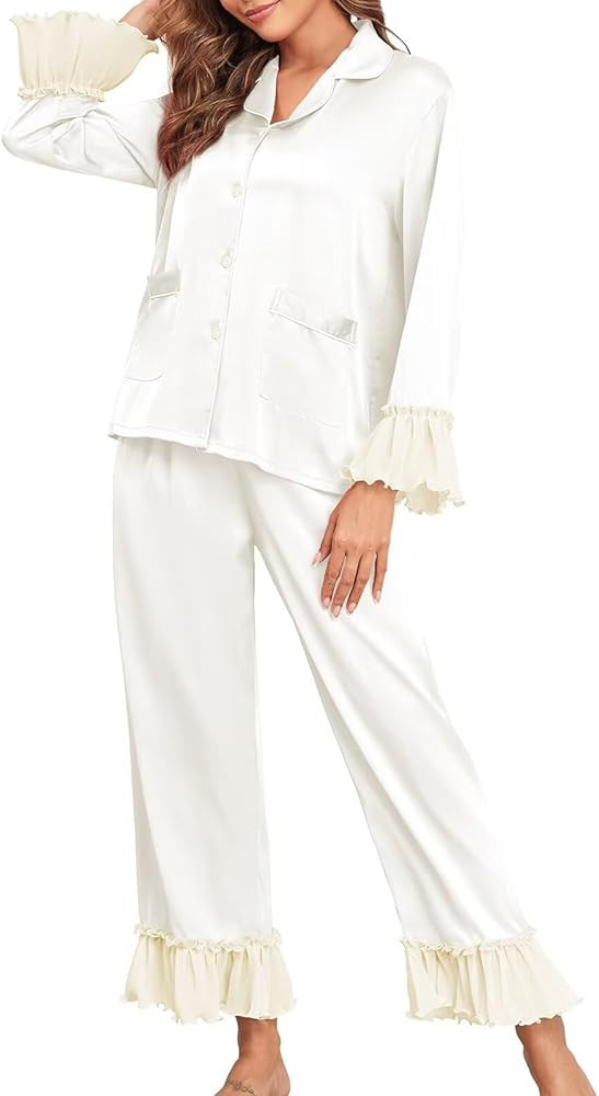 Brosloth Womens Silk Satin Button Up Pajamas for Women Soft Comfy Long Sleeve 2 Piece Loungewear ... | Amazon (US)