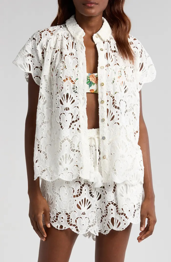 FARM Rio Seashell Embroidered Eyelet Cotton Button-Up Shirt | Nordstrom | Nordstrom