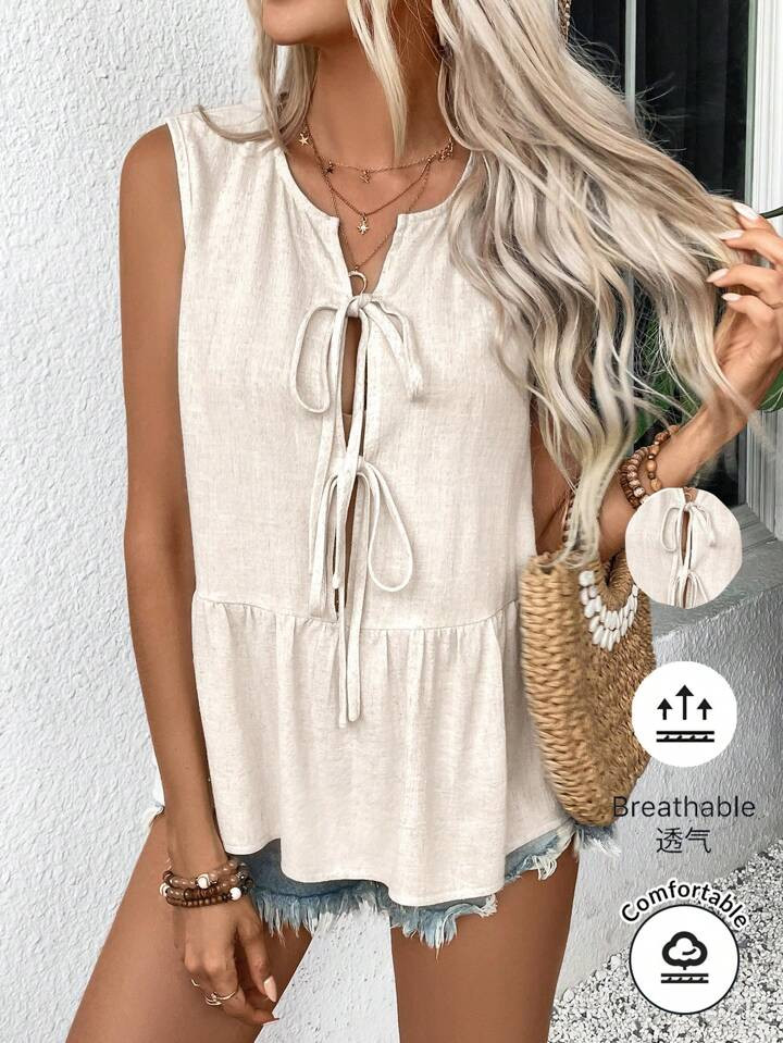 SHEIN Frenchy Women's  Bridgerton Sleeveless Shirt, Simple Vacation Lace Up Short Top, Summer Blo... | SHEIN