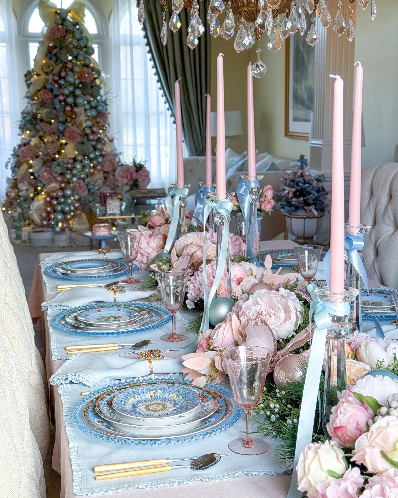 My LoveShackFancy inspired Christmas Tablescape, featuring linens from Solino Home and the famille rose blue collection from Williams  Sonoma!

Blue and white decor, grandmillennial, pink Christmas, blue Christmas, Christmas centerpiece ideas, holiday table, holiday entertaining, Christmas 2025#LTKParties

#LTKHoliday #LTKHome