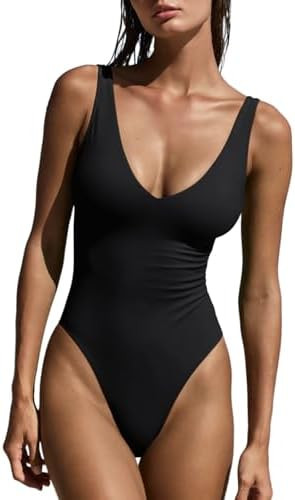 LASLULU Swim Suits for Women 2026 Beach Wear Bikini Sexy Black One Piece Swimsuit V Neck Padded F... | Amazon (US)