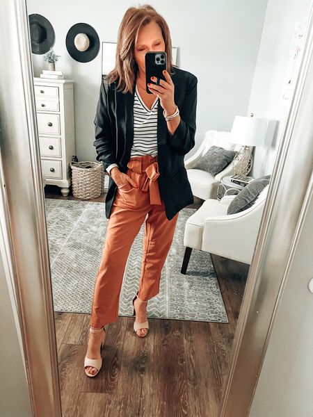 Paper bag waist pull on pants are super comfy, fits tts, and comes in more colors. Styled with a striped tee and black blazer

Workwear, amazon fashion, Amazon finds, spring outfit, casual work outfit, fashion over 40, date night outfit 

#LTKsalealert #LTKunder50 #LTKworkwear