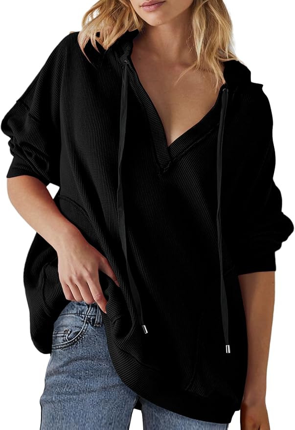 AlvaQ Women Oversized Hoodies Casual Long Sleeve V Neck Drawstring Hooded Sweatshirts Casual Waff... | Amazon (US)