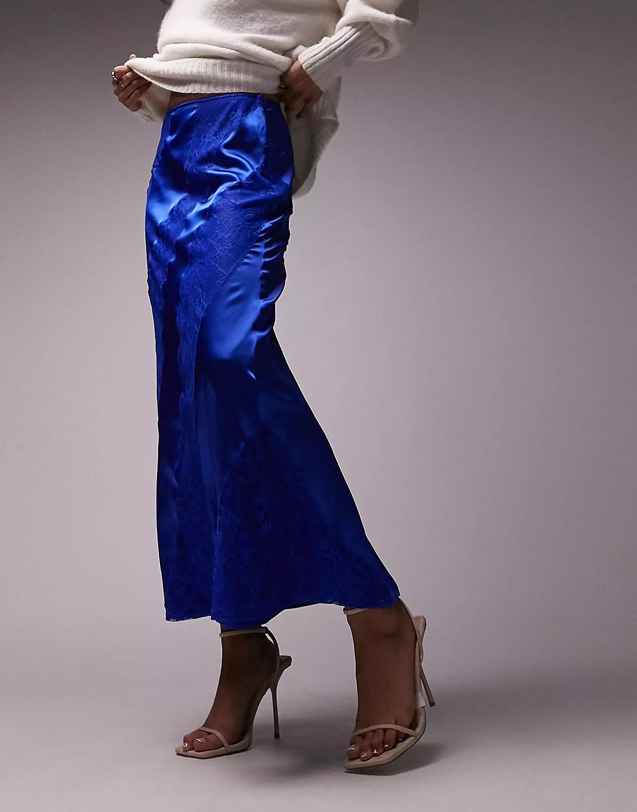 Topshop premium lace satin midi skirt in cobalt | ASOS | ASOS (Global)