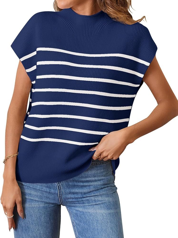 MEROKEETY Women's 2024 Sleeveless Mock Neck Striped Sweater Vest Cap Sleeve Ribbed Knit Pullover ... | Amazon (US)