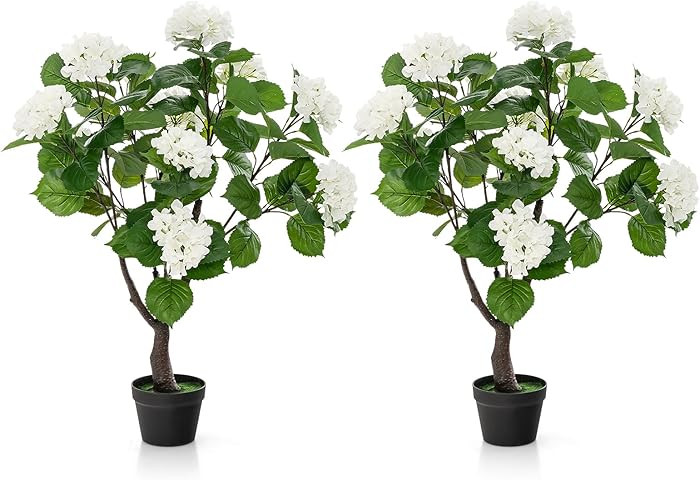 Goplus Artificial Hydrangea Tree, 2 Pack Fake Floral Plant w/11 White Flowers & Realistic Trunk i... | Amazon (US)